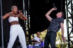 Noelle Scaggs, Michael Fitzpatrick (Fitz), and drummer John Wicks of "Fitz and the Tantrums" perform at ACL Festival in Austin, Texas in 2014